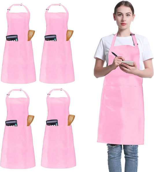 4 Pack Chef Apron, Adjustable Apron with 2 Pockets, Unisex Personalised Apron for Cooking, Kitchen, Restaurant