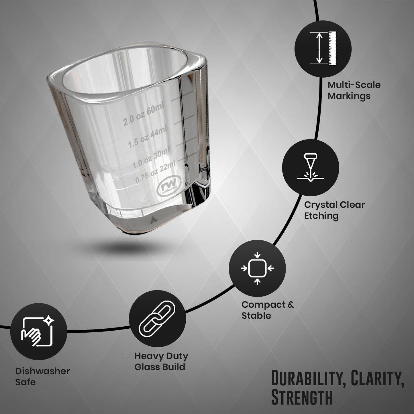Rattleware 3 Oz Graduated Shot Glass Heavyweight Break-Resistant Glass with White Etched Measurements Oz ML tsp tbsp Durable Espresso Cocktail Measuring Glass for Bar Cart Home Bar Cafe Use
