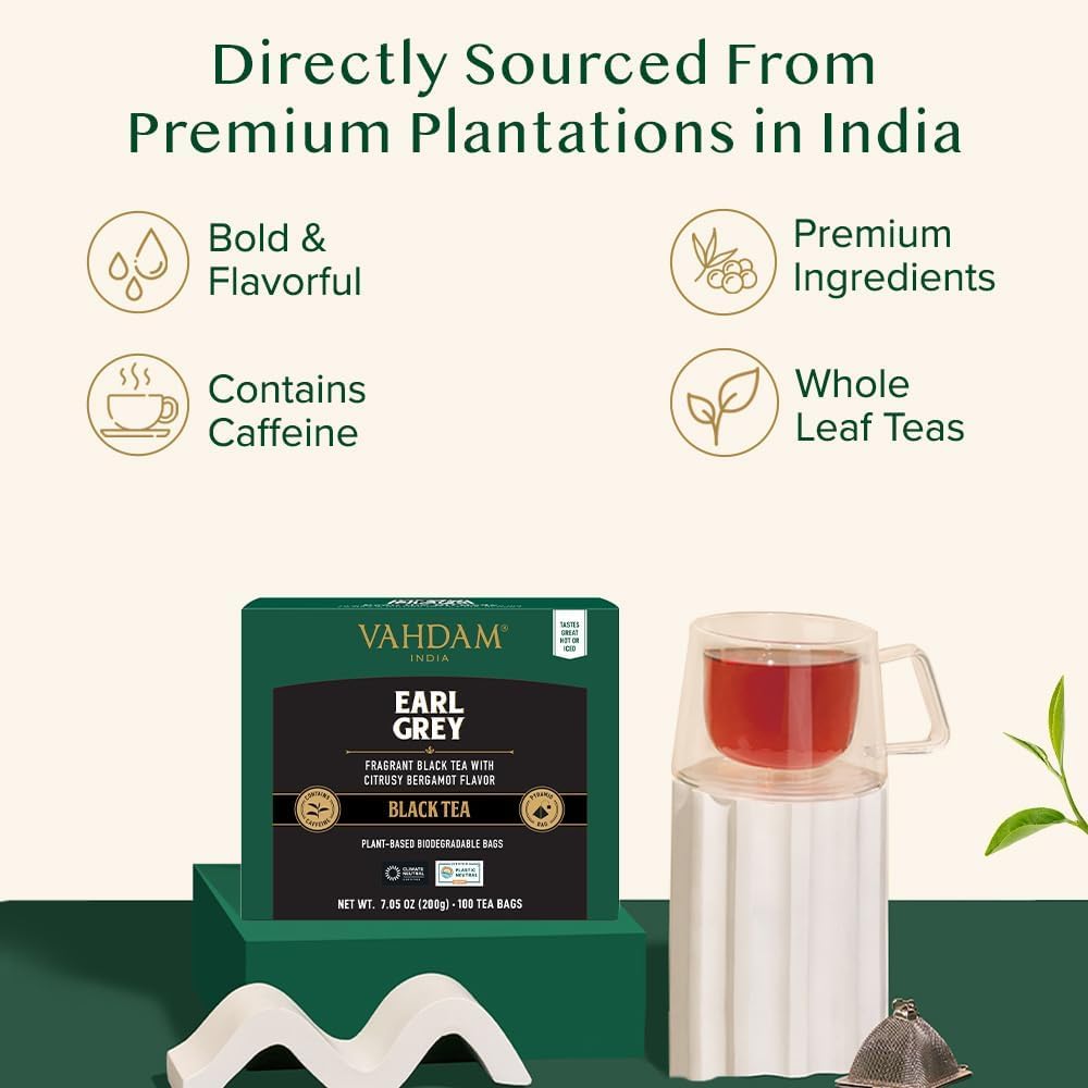 VAHDAM, Earl Grey Black Tea Bags (100 Count) Medium Caffeine, Non GMO, Gluten Free | Citrus Bergamot & Smooth | Resealable Ziplock Pouch | Plant Based Tea Bags