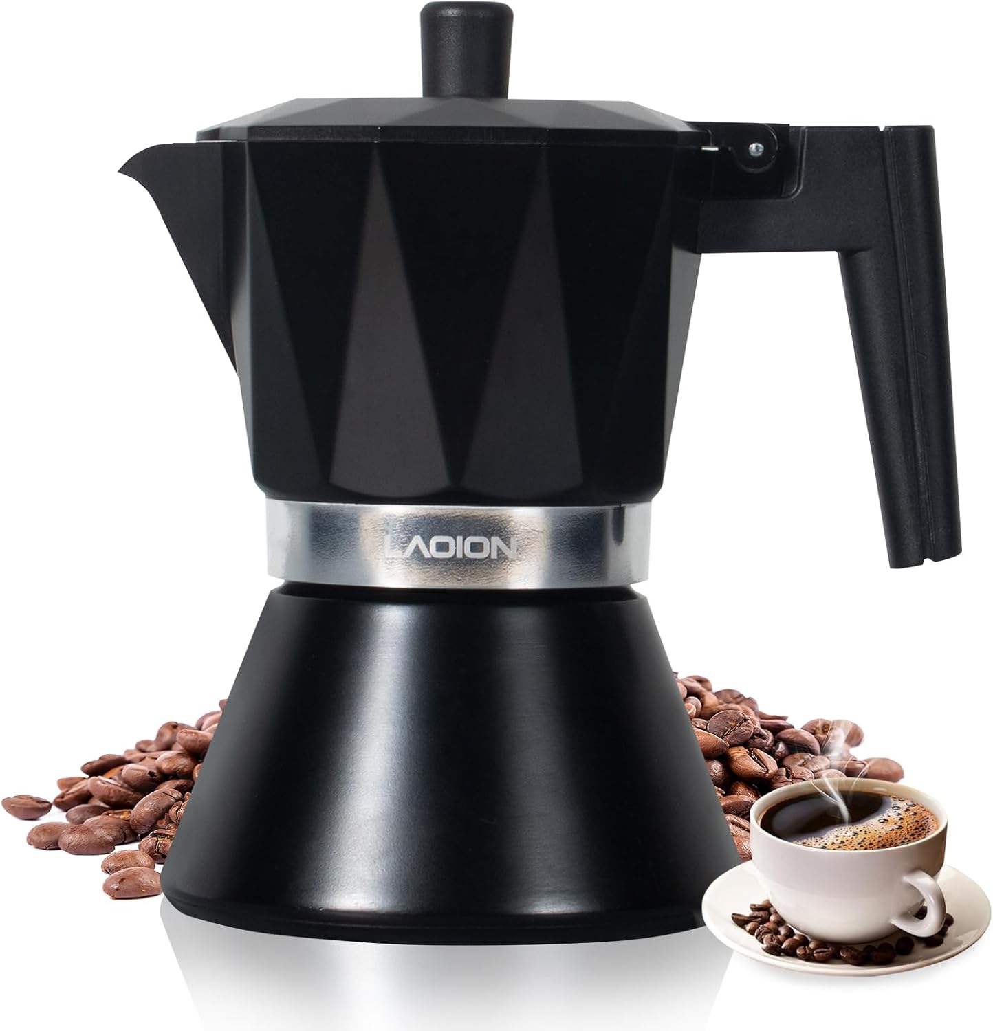 Moka Pot, 6-Cup Espresso Maker, 300ml Portable Stovetop Espresso Maker, Percolator Coffee Pot Compatible with Induction Cooktops, Suitable for Home and Camping (Black)