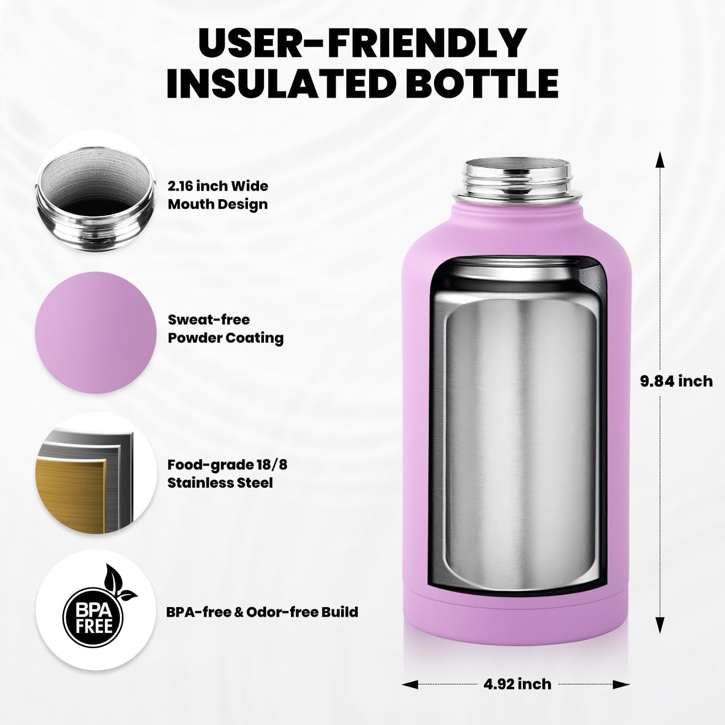 Insulated Water Bottle 64 oz, Triple Wall Vacuum Stainless Steel (Cold for 48 Hrs), Leak Proof & Non-BPA, Half Gallon Water Flask Jug with Paracord Handle & Straw Spout Lids, Lilac