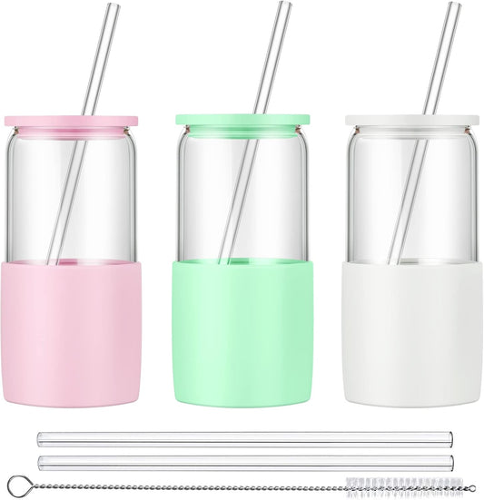 Sunseeke Glass Tumbler with Straw and Lid, 16oz Ice Coffee Cup, Silicone Sleeve Cleaning Brushes, Drinking Glasses for Water, Iced Coffee, Smoothie - BPA Free -3 Pack