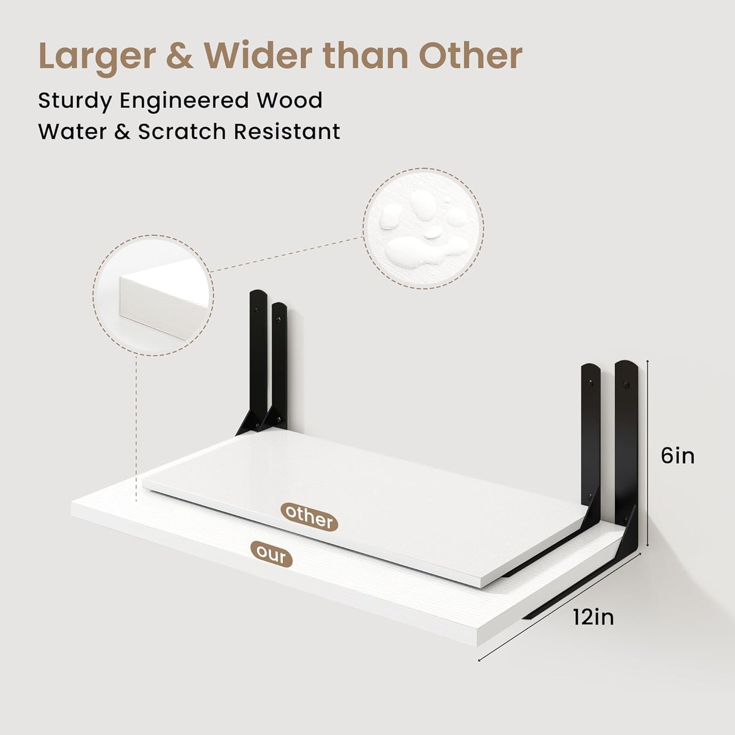 Fun Memories Floating Shelves for Wall, 12 Inch Deep Floating Shelves Set of 2, Wall Mounted Shelf with Metal Brackets, Rustic Wood Wide Shelf for Bathroom, Kitchen and Living Room, White, 24W x 12D