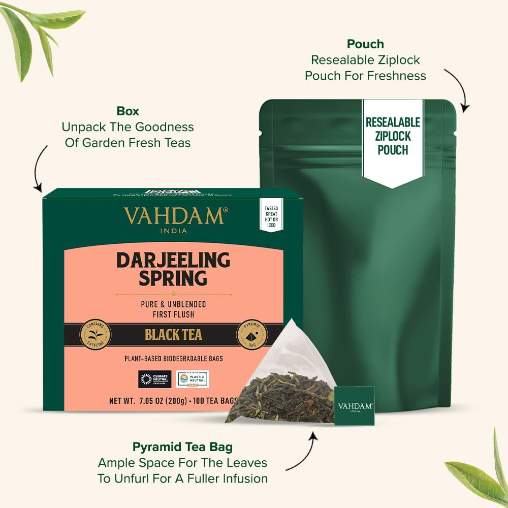 VAHDAM, Exotic Darjeeling First Flush Tea Leaves (100 Black Tea Bags) High Caffeine, Non GMO, Gluten Free | Aromatic & Robust | Unblended First Flush Darjeeling Tea Bags | Resealable Ziplock Pouch