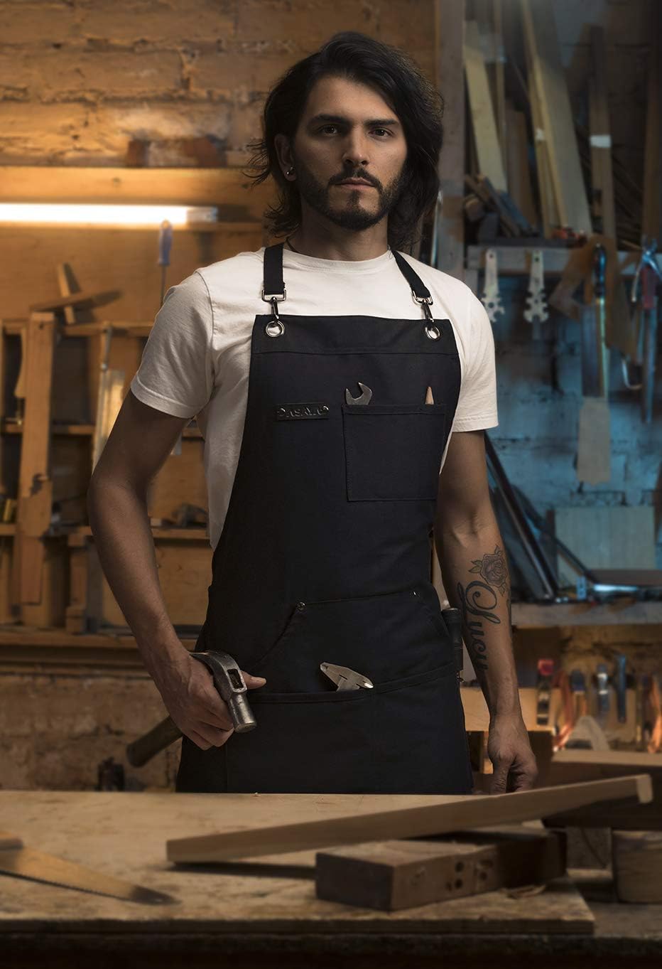 Asaya Chef and BBQ Apron with Bottle Opener and Hand Towel - 10oz Cotton Canvas, Stainless Steel Hardware - Cross Back Straps