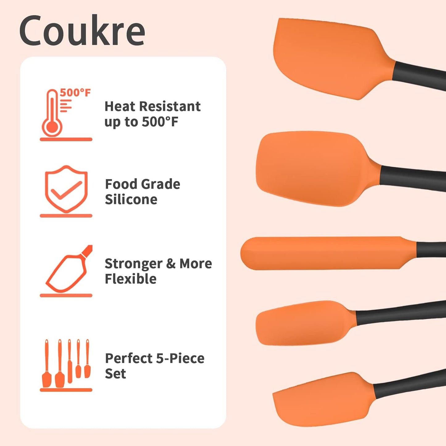 Coukre Silicone Spatula Set of 5,High Temperature Resistant, Food Grade Silicone, Dishwasher Safe, for Baking cooking (Orange)
