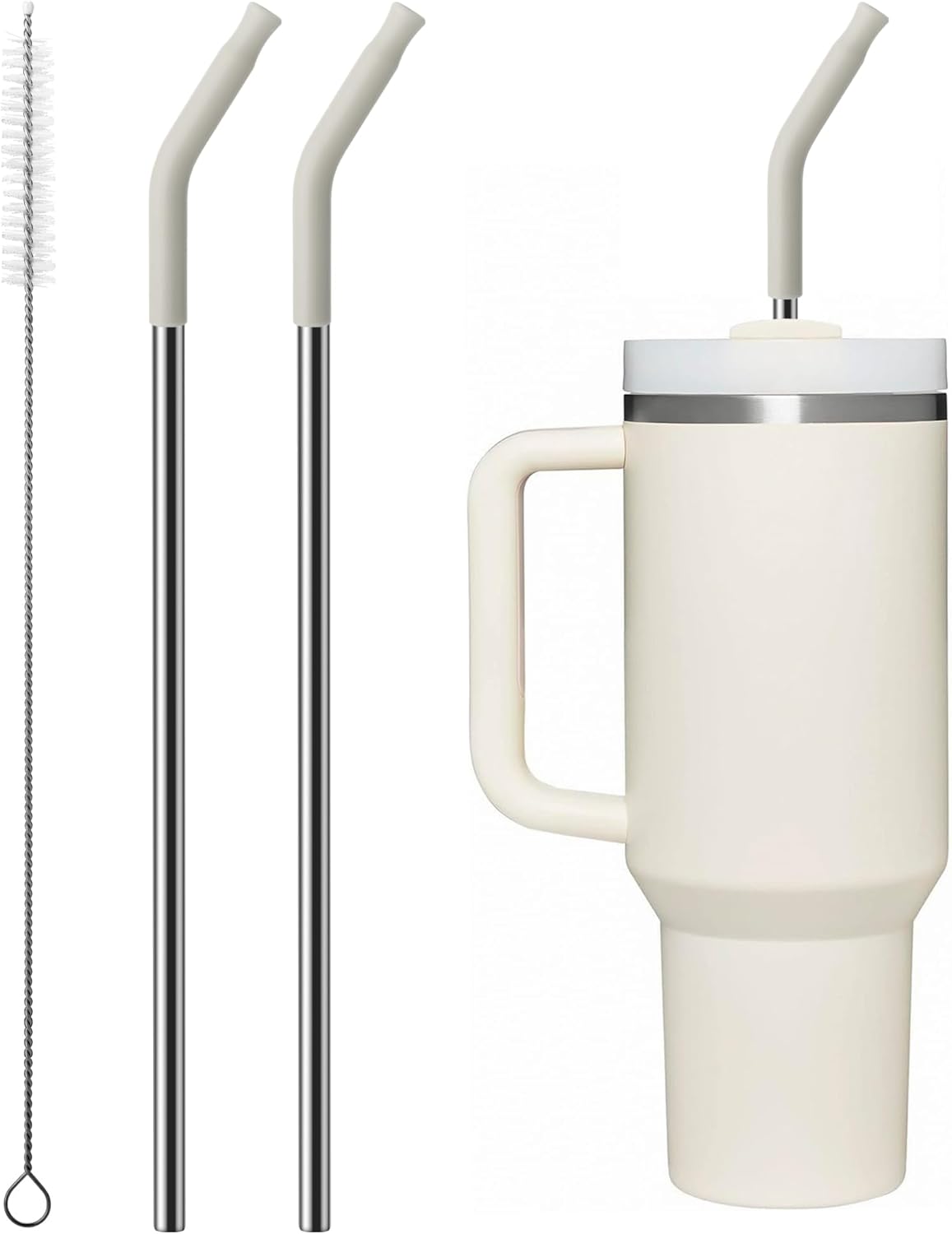 Metal Straw with Silicone Tip for 40oz Stanley Cup, 2 Pcs Stainless Steel Straws Replacement for Stanley 40 oz Adventure Quencher Travel Tumbler Cup, 1 Straw Brush (Cream Grey)