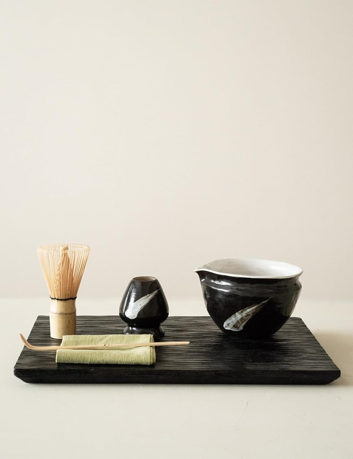 6-pcs Japanese Matcha Whisk Set with Handmade Wabi-Sabi Ceramic Bowl(Chawan),Bamboo Chasen, Whisk Holder, Scoop, Sifter & Tea Towel,Matcha Ceremony Kit,(Ink Cloud)