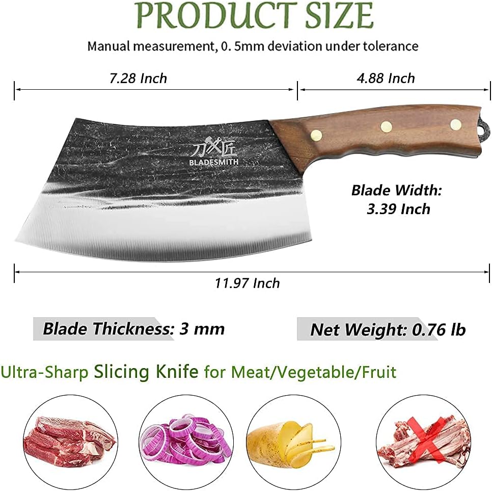 BLADESMITH 7" Chinese Chef Cleaver Knife – Forged High Carbon Steel, Professional Butcher Knife, Lightweight Design for Effortless Chopping, Full Tang with Pearwood Handle – 2024 Kitchen Gifts