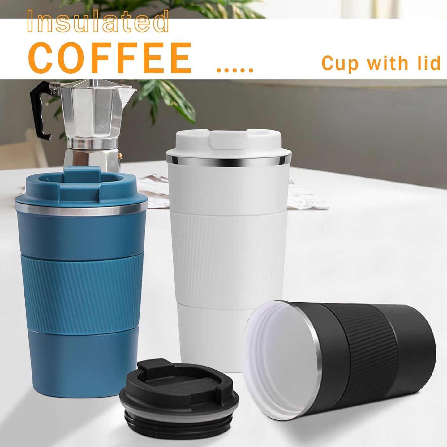 YINBAOGE Insulated Travel Coffee Mug Spill Proof Leak Proof Pobtable To Go Camping Stainless Steel Coffee Tumbler Reusable Coffee Cups with Lids Thermos for Hot and Cold Drink (White, 17 OZ)