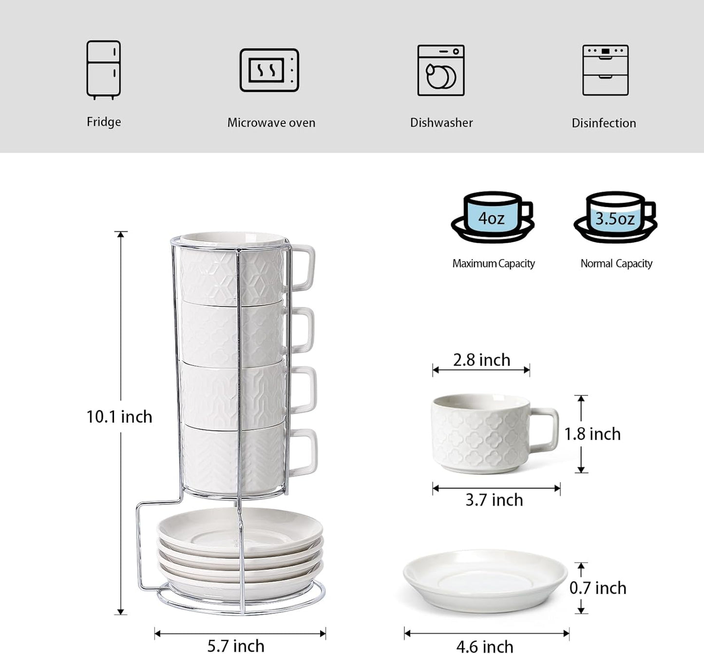 Sureasy Ceramic Espresso Cups Set of 4 – 4 oz White Embossed Cappuccino Cups with Saucers and Metal Stand, Stackable Mugs for Latte, Mocha, Tea, and Specialty Coffee
