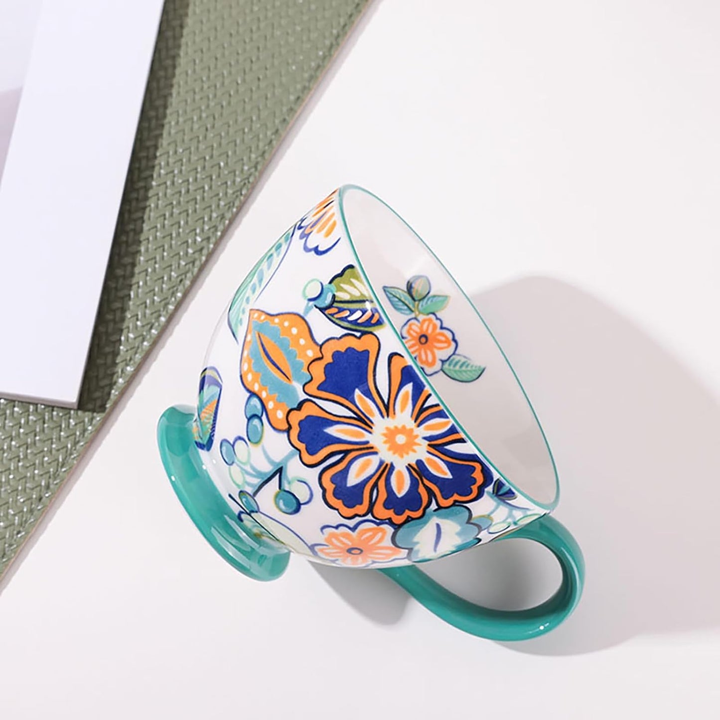 Vintage Flower Mugs – Large Ceramic Coffee Mug (15oz) – Cute Cereal Cup for Breakfast, Oatmeal Tea & Hot Drinks – Handmade Ceramic Cup with Floral Design