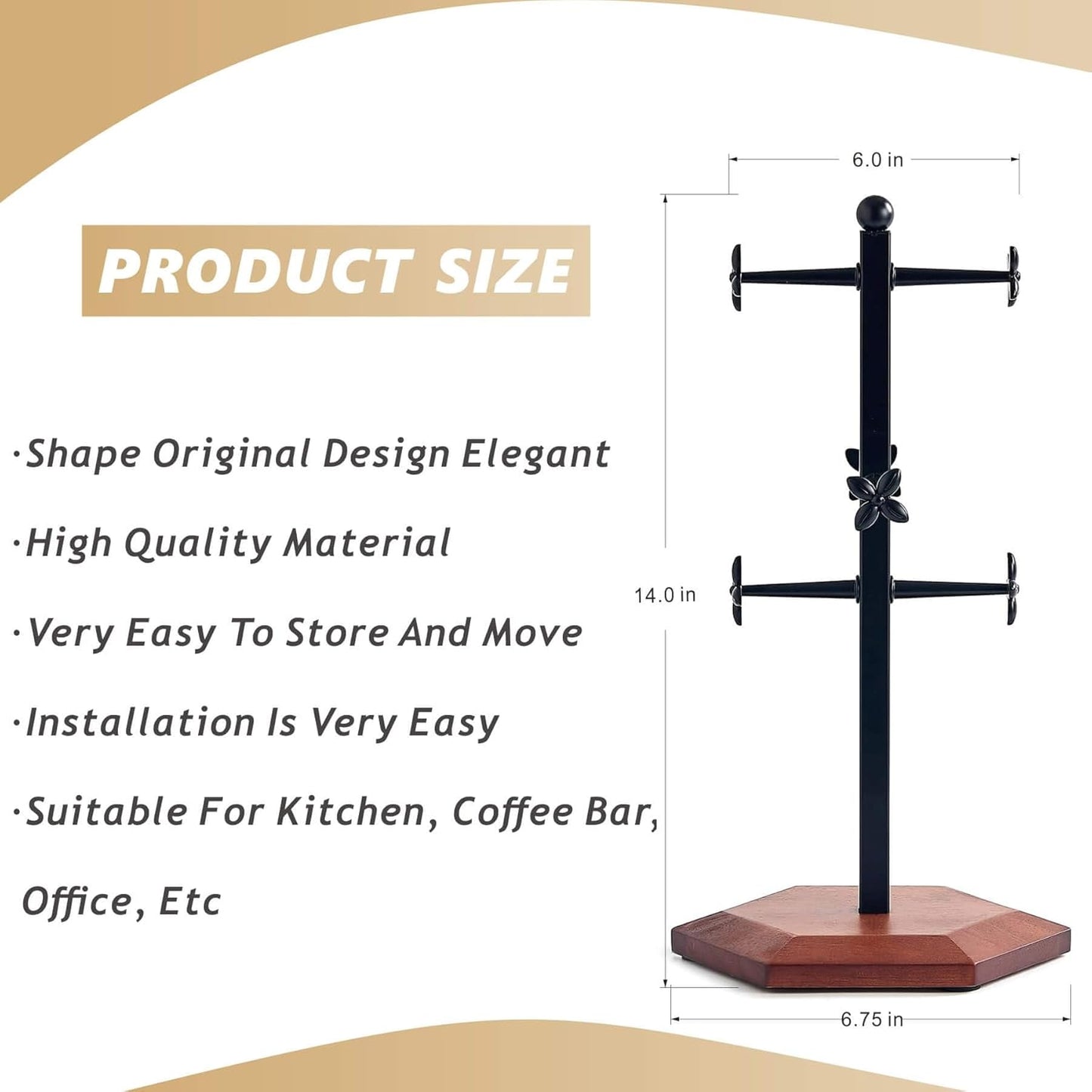 Coffee Mug Holder, Mug Tree for Counter, Cup Holder with 6 Floral Hooks, Wooden Mug Rack, Mug Stand for Counter, Coffee Bar Station Organizer, Black