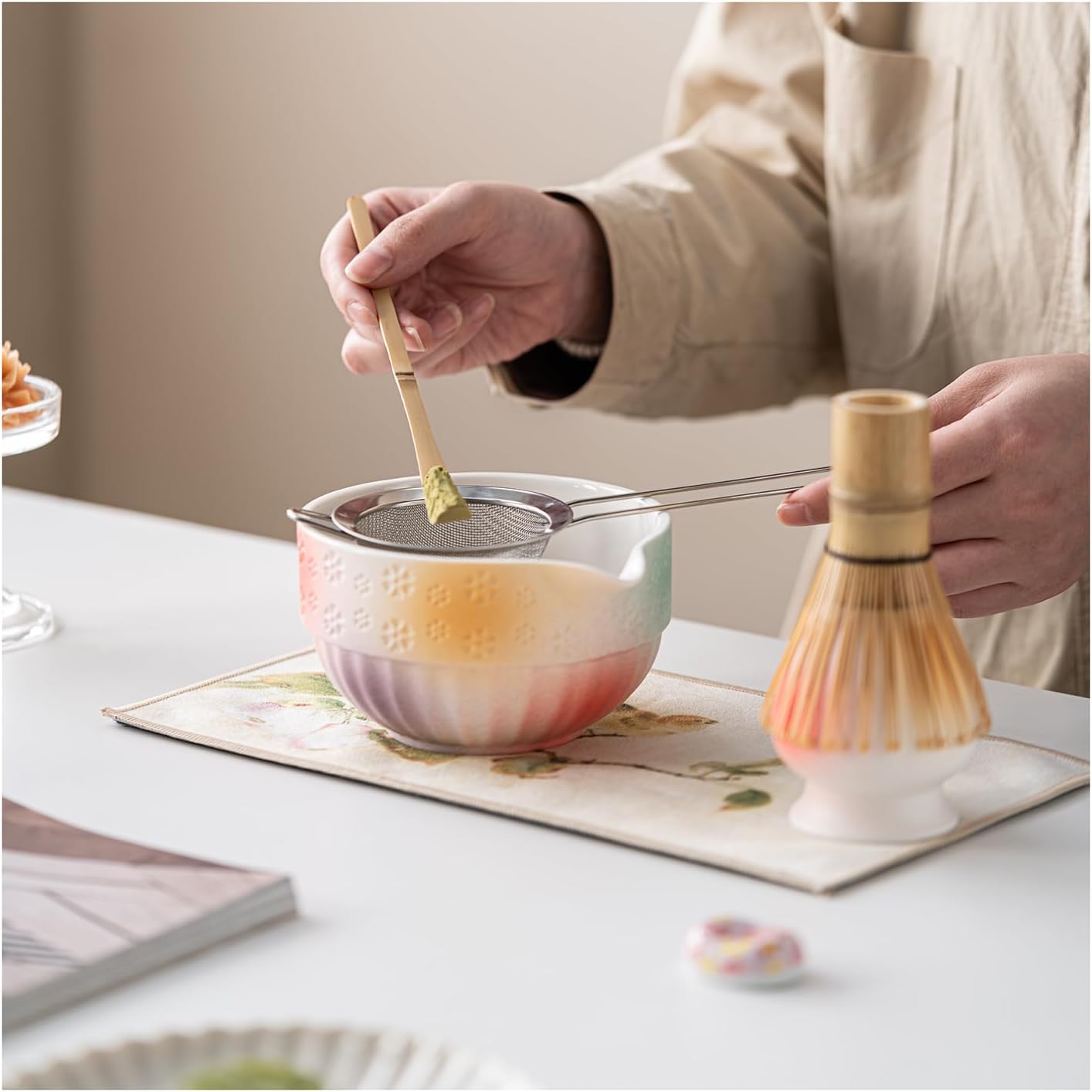 Matte Textured Ceramic Matcha Whisk Set, 8-Piece Matcha Kit Includes Matcha Bowl, Bamboo Whisk, Chasen Holder, Scoop, Scoop Rest, Sifter & Tea Towel for Japanese Tea Ceremony, Latte Making & Home Use