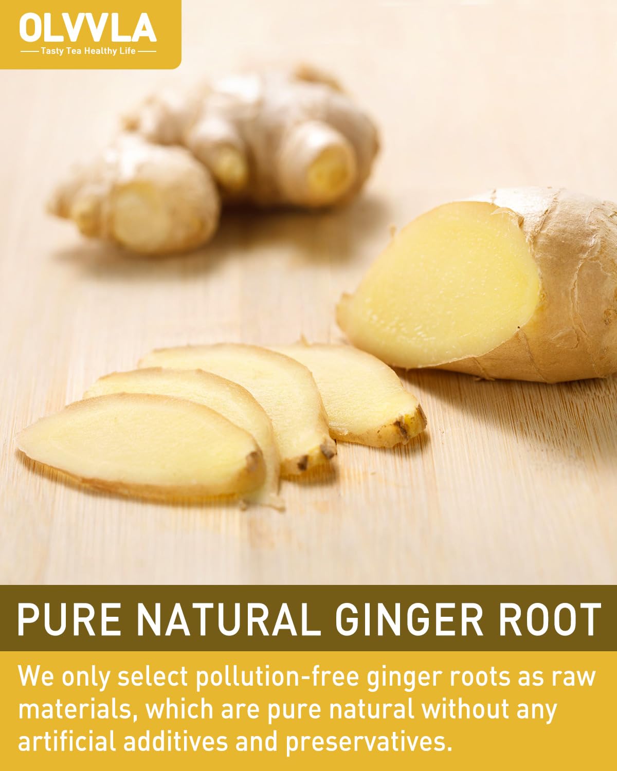 Olvvla - Premium Ginger Tea Bags - 2g X 56 Count - 100% Pure Natural Ginger Root Herbal Tea - Cut & Sifted - Non-GMO - Caffeine-free - Warm & Spicy - Relieve Nausea & Support Digestion
