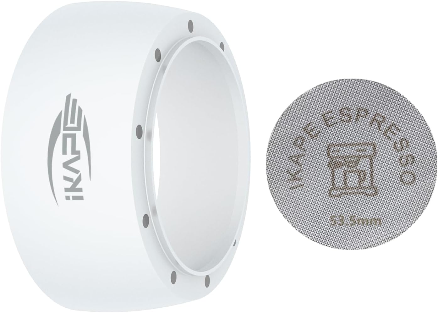 IKAPE Magnetic Dosing Funnel Set, 53MM Espresso Dosing Ring & Puck Screen Kit Compatible with Delonghi 54MM Bottomless Portafilter - with 8 Small Magnet (White)