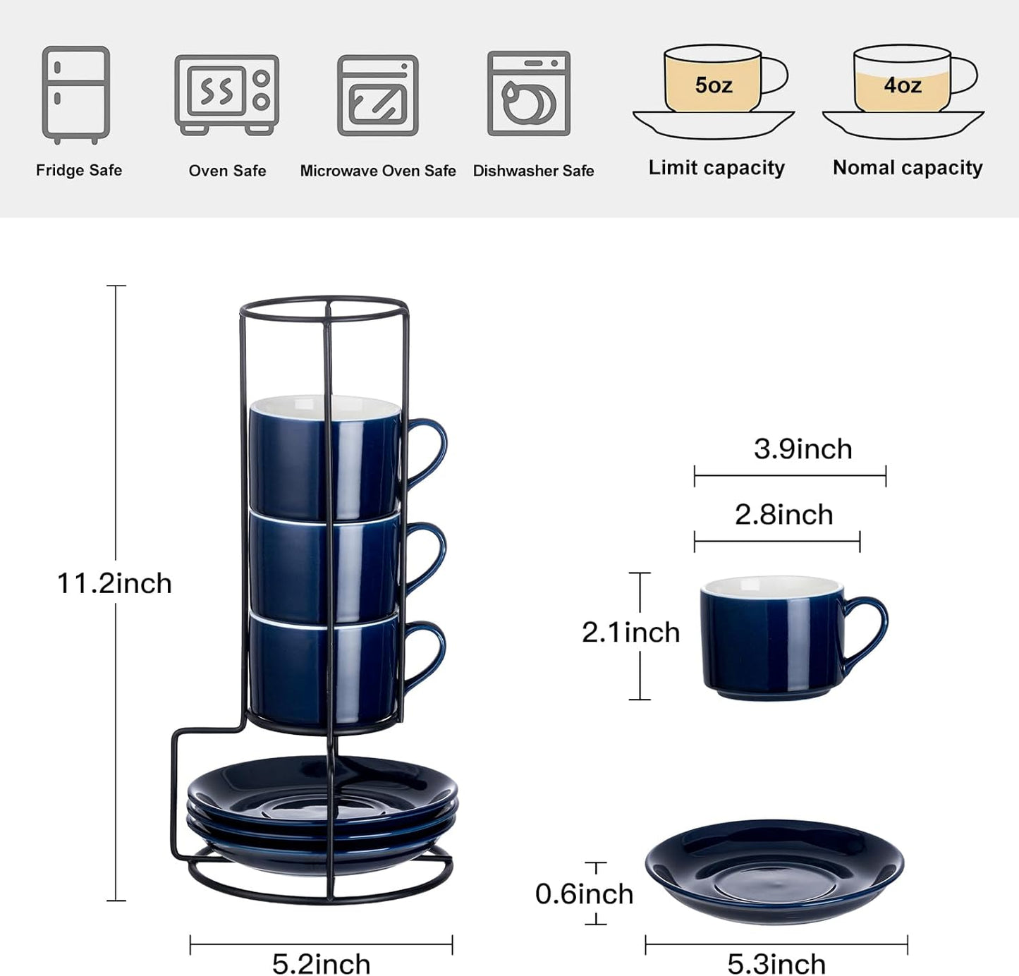 4oz Porcelain Stackable Espresso Cups with Saucers and Metal Stand Set of 4, Stackable Cappuccino Cups, Blue Expresso Shots Cup Set for Coffee Drinks, Latte, Americano, Tea