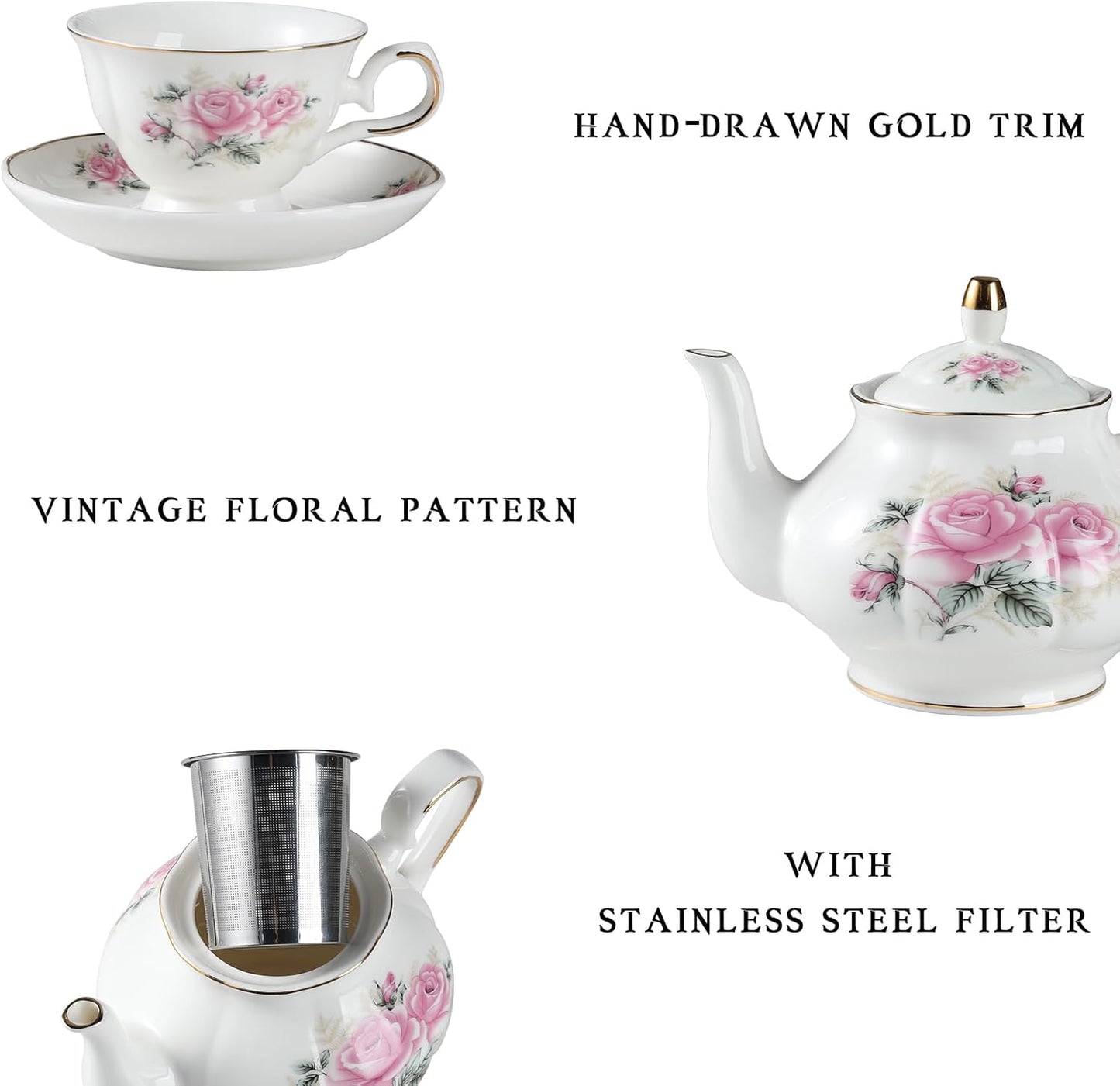 Sweejar Porcelain Tea Sets, Vintage British Floral Relief Gold Rimmed Teapot Cup and Saucer Set, Tea Set Service for 6, with Teapot, Sugar Bowl, Milk Jug, Spoons, Tea Cup and Saucer (Pink Flower)