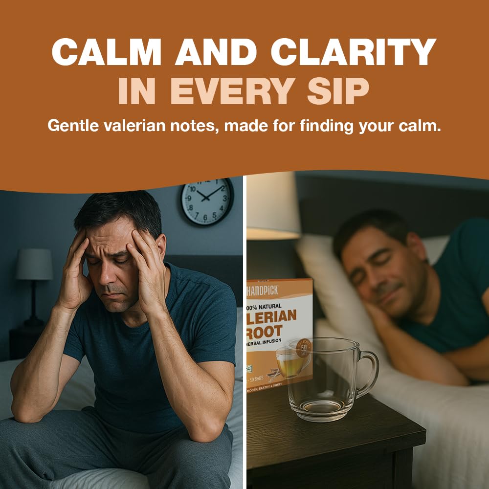 HANDPICK, Valerian Root Tea Bags (Valeriana) 50 Count | Non-GMO, Caffeine Free, Real Ingredients | Earthy/Woody Herbal Tea Bags | Round Eco-conscious Teabags