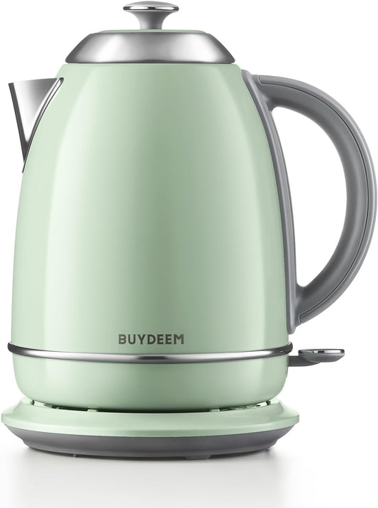 BUYDEEM K640 Stainless Steel Electric Tea Kettle with Auto Shut-Off and Boil Dry Protection, 1.7 Liter Cordless Hot Water Boiler with Swivel Base, 1440W, Cozy Greenish