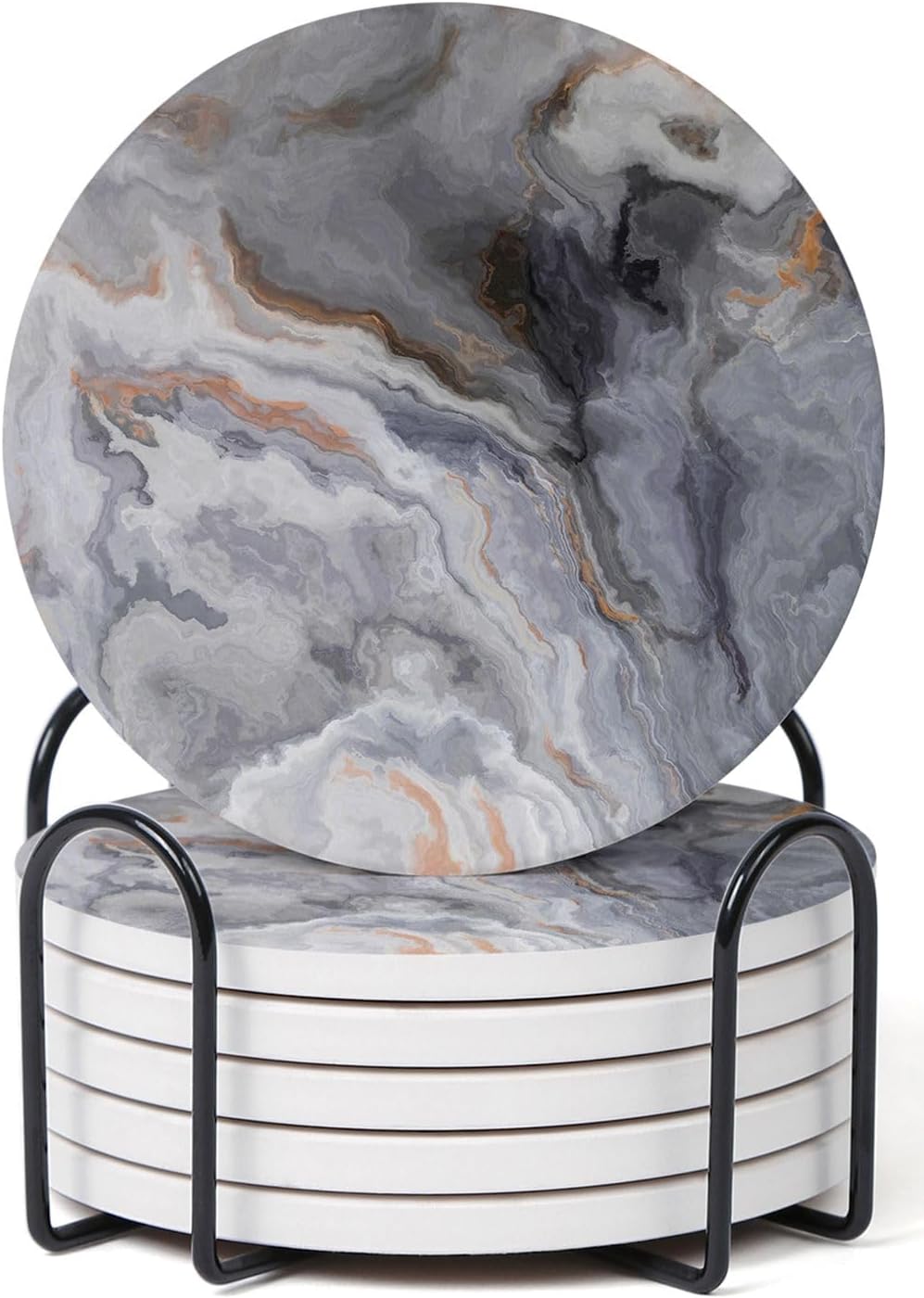 Set of 6 Abstract Dark Blue Marble Coasters with Holder, Absorbent Ceramic Coasters for Drinks, Coasters with Cork Backing for Table Protection, Housewarming Gifts for New Home