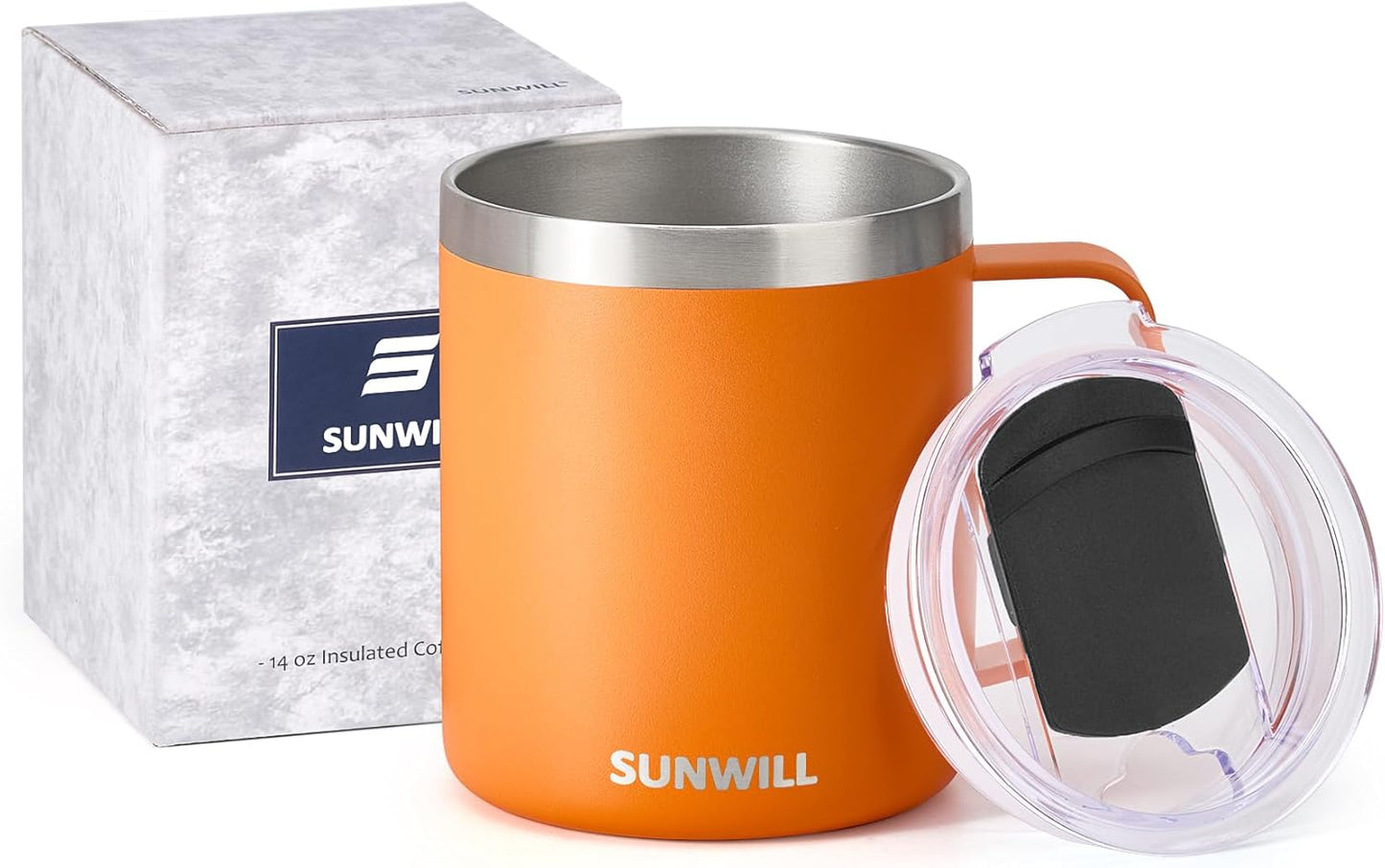 SUNWILL Insulated Coffee Mug with Lid, Travel Tumbler with Handle, 14 oz Stainless Steel Cup for Camping, Office, Home, Powder Coated Orange
