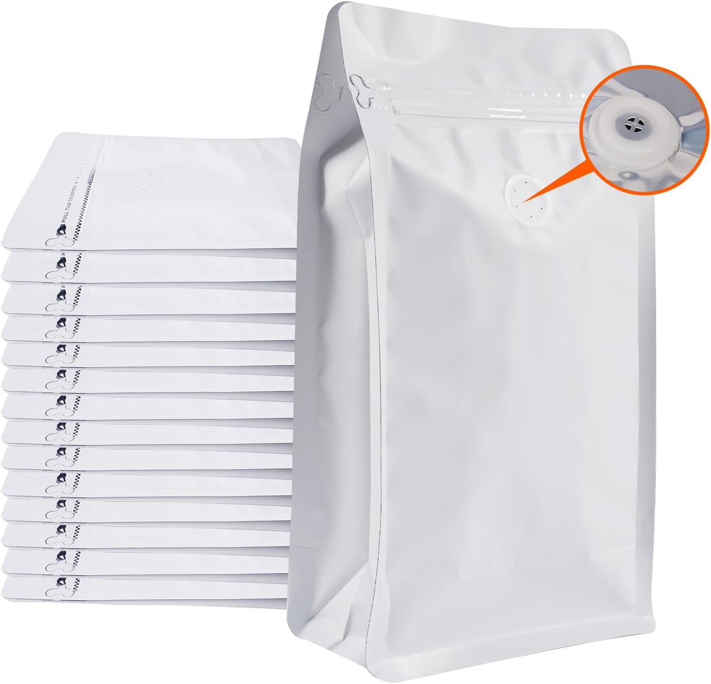 Coffee Bags with Valve (50 PCS,32oz/2lb) White High Barrier Aluminum Foil Flat Bottom Standing Coffee Beans Storage Packaging Bags, Reusable Heat Seal Side Zipper Pouches for Small Business and Home