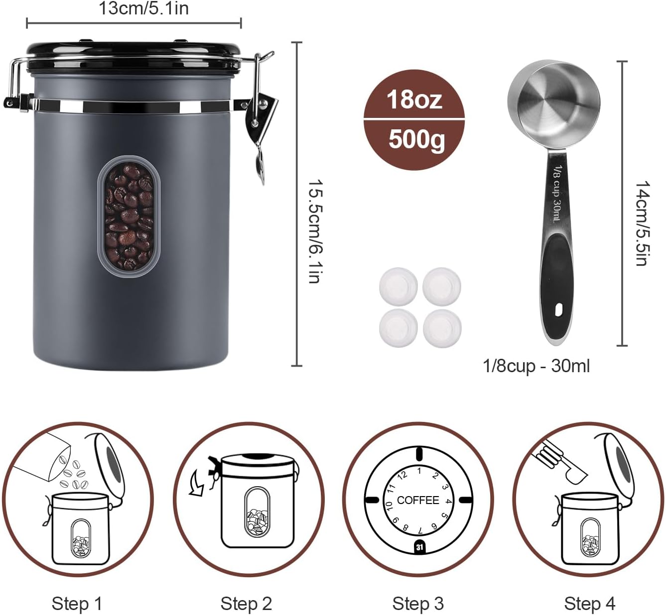 1500ML Airtight Coffee Canister with Date Tracker&Transparent Window, 18OZ Coffe Beans Storage with 30ML Measure Spoon&4 co2 Valve, Coffee Container for Grounds Coffee, Beans, Tea, Sugar, Flour(Gray)