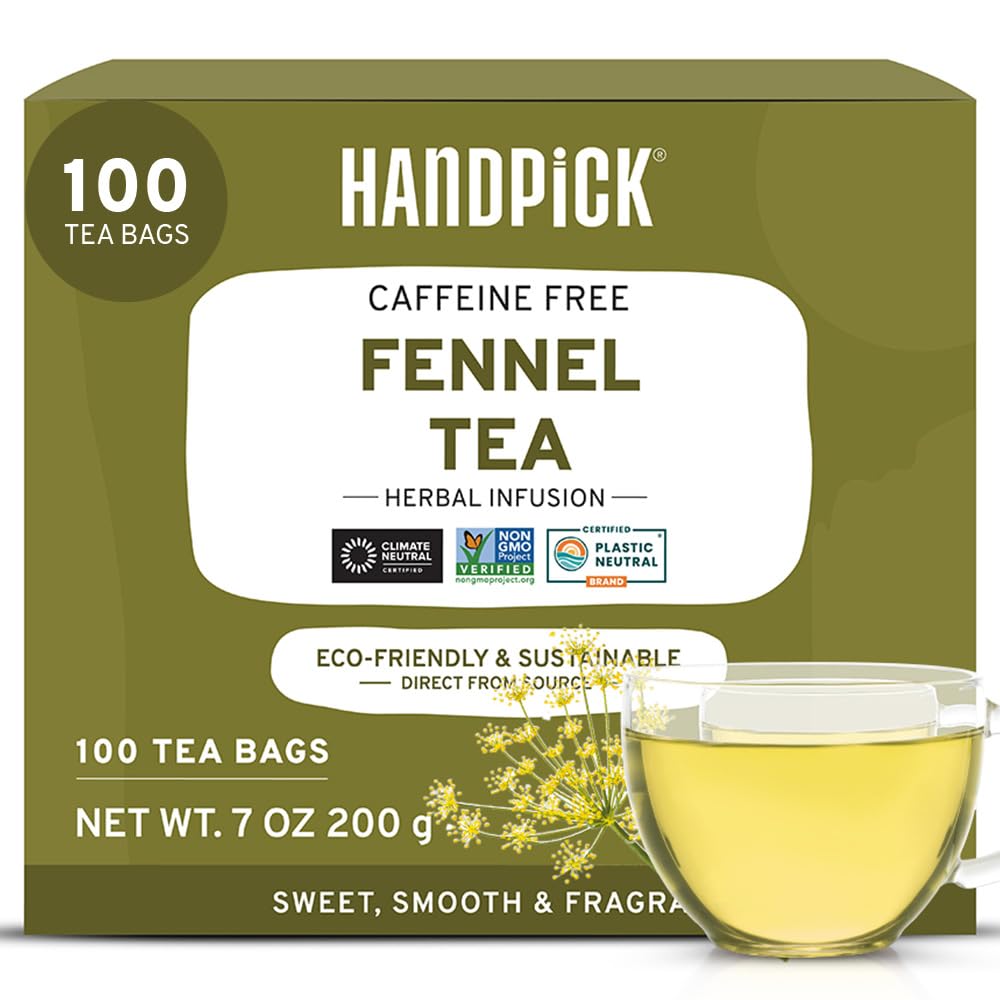 HANDPICK, Fennel Tea Bags (100 Herbal Tea Bags) Caffeine Free, Gluten Free & Non GMO | Round Eco Conscious Teabags | Smooth & Sweet