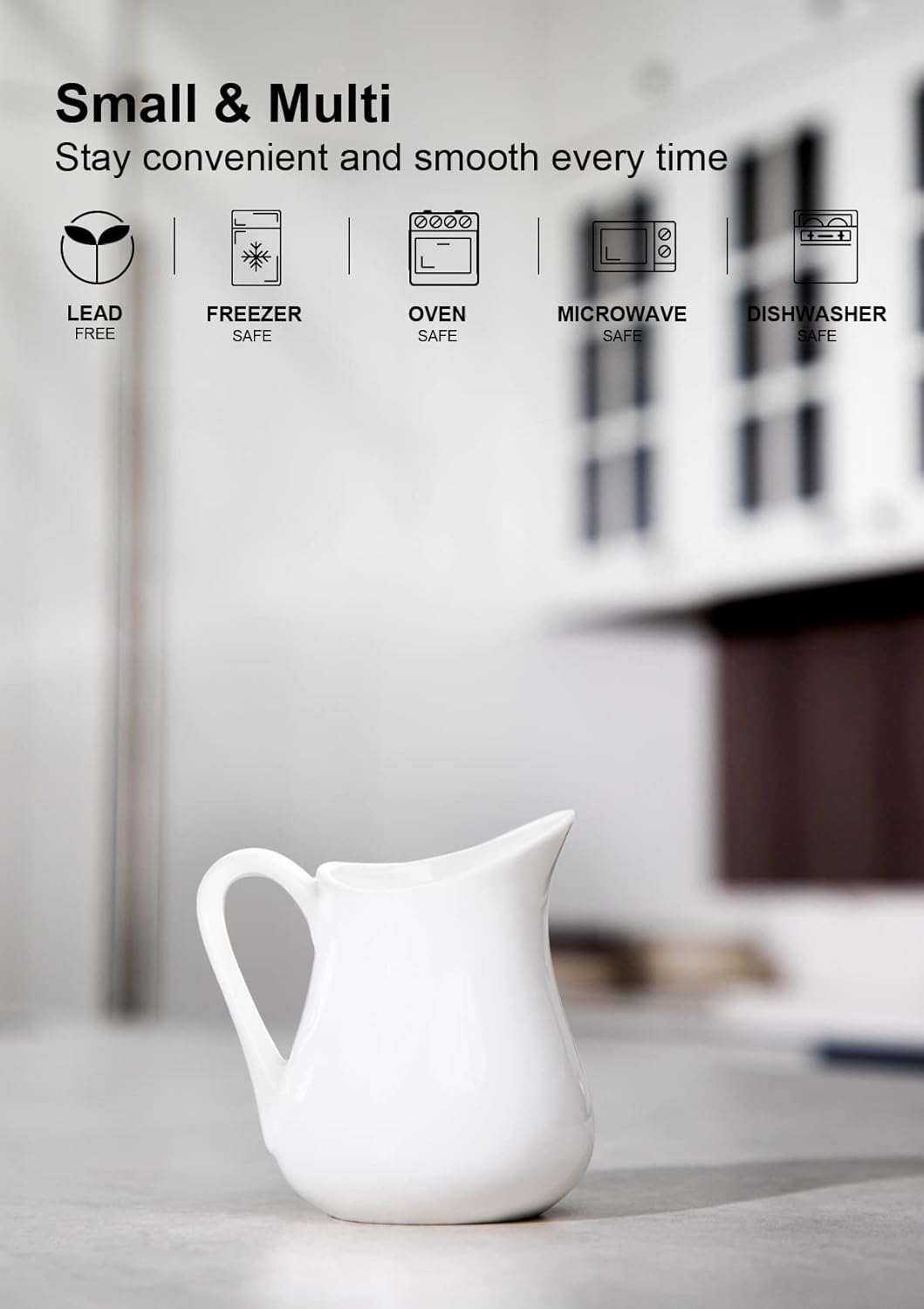 Nucookery 2 Pack 8 Oz White Creamer with Handle, Ceramic Small Creamer Pitcher Set of 2, Porcelain Small Milk Pitcher For Coffee Sauces Salad Milk, Microwave & Freezer Safe (8-Ounce, Set/2)