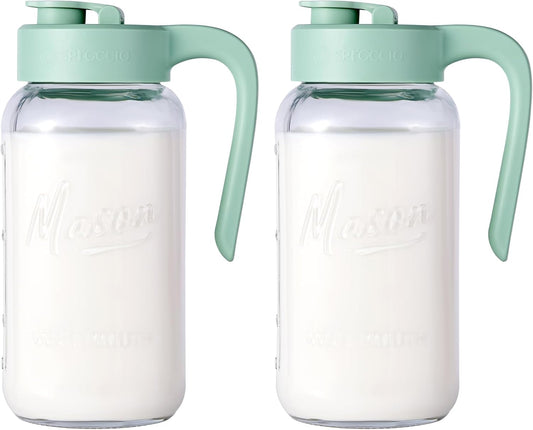 Mason Jar Pitcher - Airtight & Leakproof Glass Pitcher with Lid[set of 2], Perfect for Breastmilk, Cold Brew, and Sun Tea, 2 Quart (64 oz) Mason Jar with Pour Spout Lid