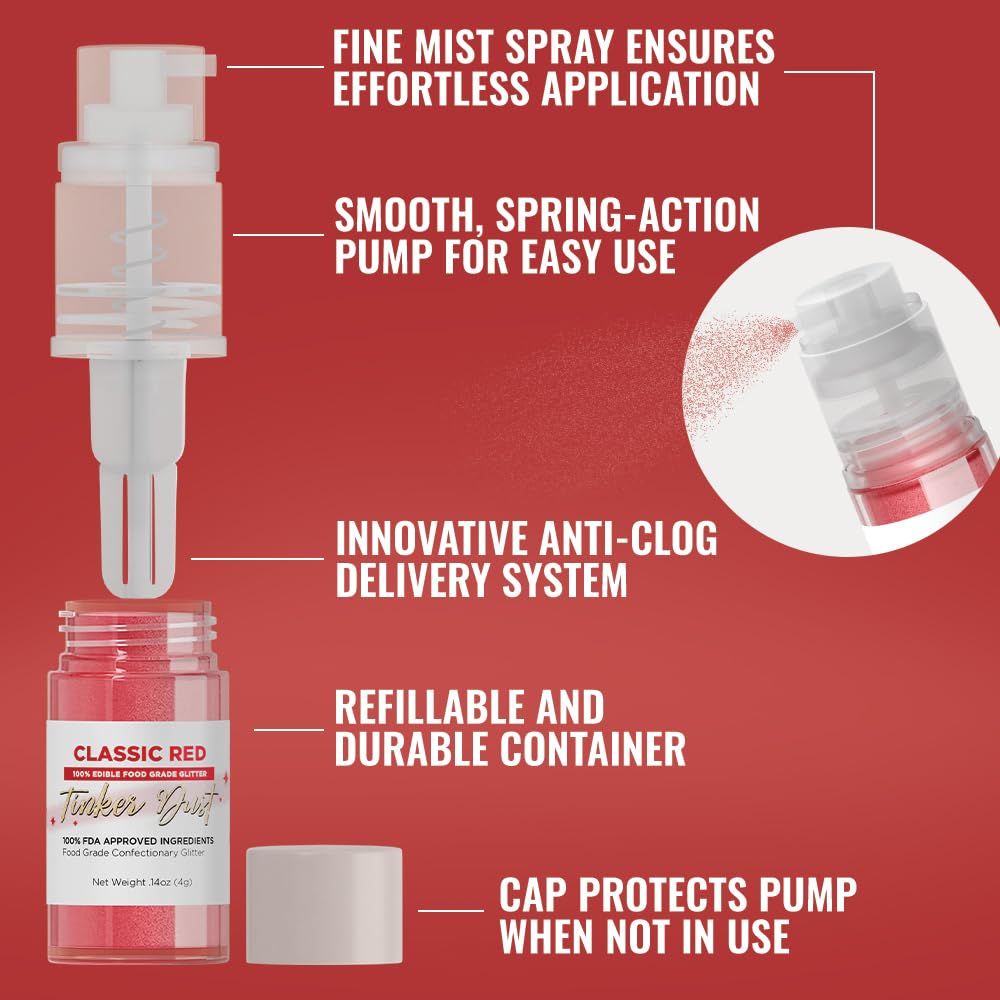 Bakell - Classic Red Tinker Dust (4g, 1x Mini Spray Pump) Edible Glitter for Food, Desserts, and Beverages!