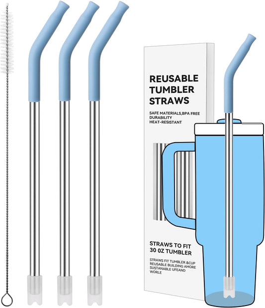 Reusable Metal Straws with Silicone Tip for Stanley 30oz,Stainless Steel Drinking Straws for 30oz Tumbler,3 Straight Tubes & 6 Tips& 1 Cleanr Brush (Chambray)