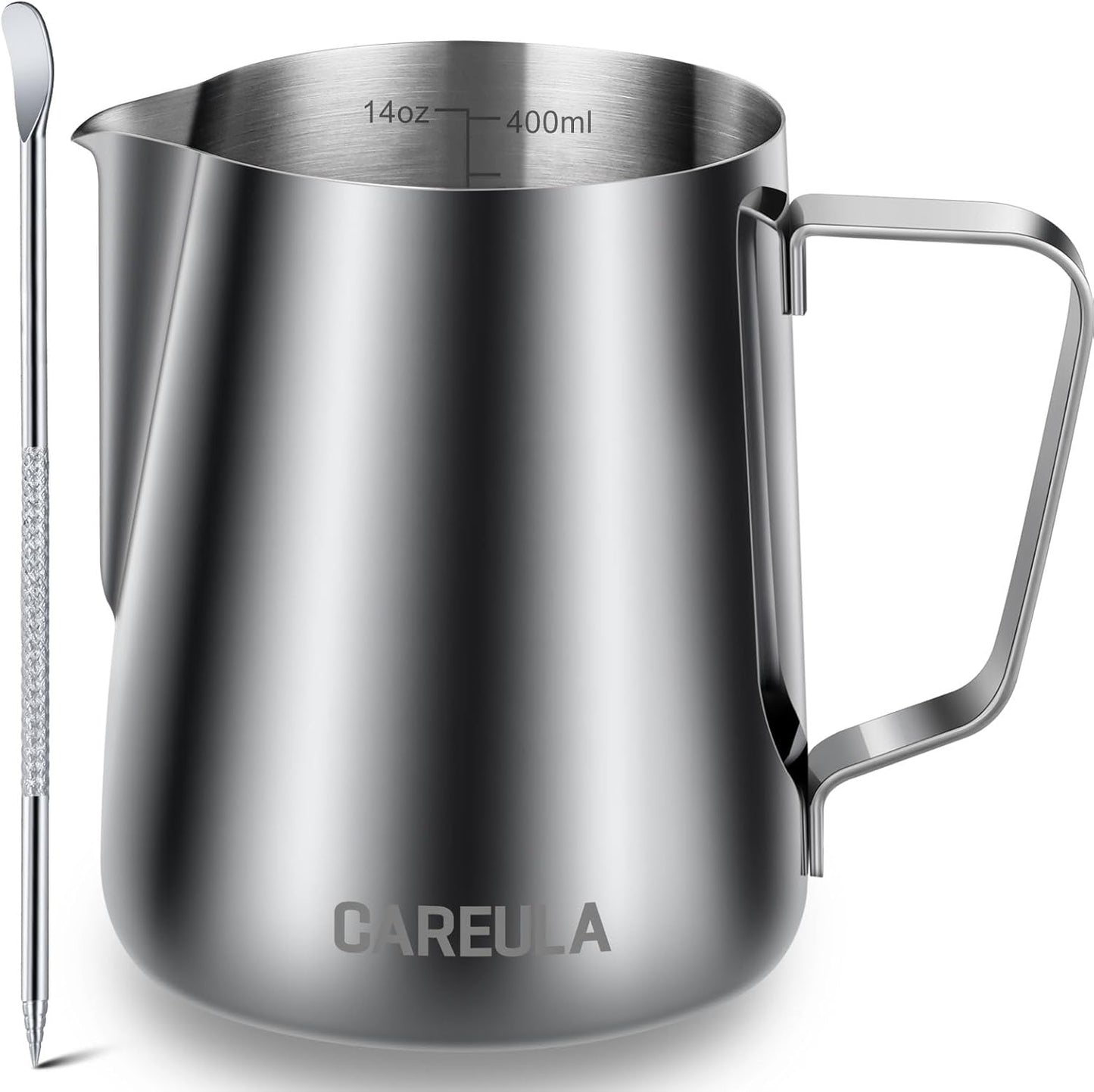 Milk Frothing Pitcher, 14oz 400ml Stainless Steel Milk Frother Cup Steaming Pitcher, Coffee Bar Cappuccino Espresso Machine Accessories Barista Tools, Metal Milk Jug with Latte Art Pen