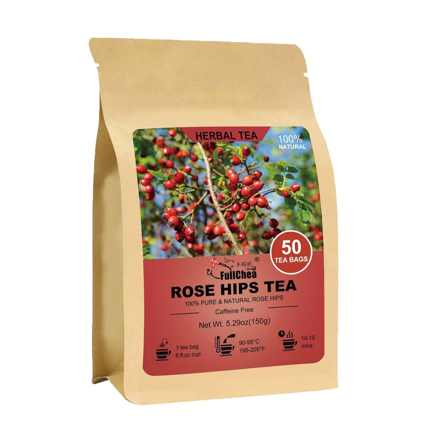 FullChea - Rose Hips Tea Bags, 50 Teabags Rosehip Tea, 3g/bag - Premium Rose Hips - Non-GMO - Caffeine-free - Support Digestion & Boost Immunity