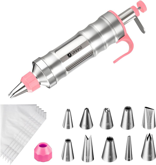 Dessert Decorating Syringe Set Icing Piping Kit Frosting Piping Kit Stainless Steels Cake Decorating Kit with 10 food grade stainless steel piping tips & 50 Disposable Piping Bags, Pink