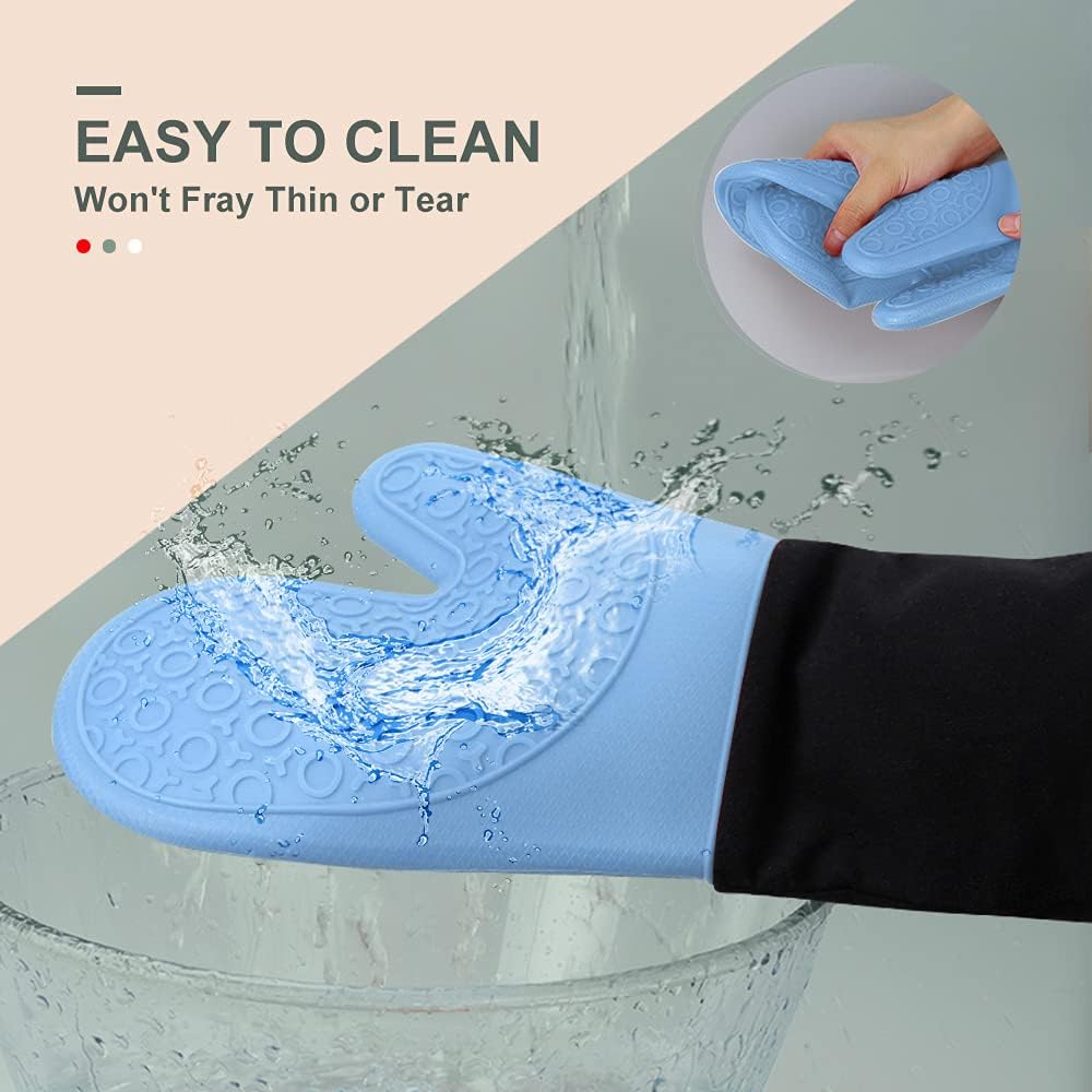 sungwoo Extra Long Silicone Oven Mitts, Heat Resistant Oven Gloves with Quilted Liner Non-Slip Textured Grip Perfect for BBQ, Baking, Cooking and Grilling - 1 Pair 14.6 Inch Sky Blue & Black