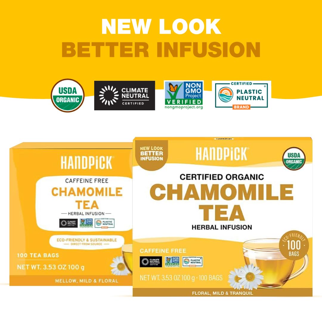 HANDPICK, Organic Chamomile Tea Bags (100 Herbal Tea Bags) Caffeine Free| Premium Floral Chamomile Herbal Tea in Eco-Conscious Teabags | Direct from Source