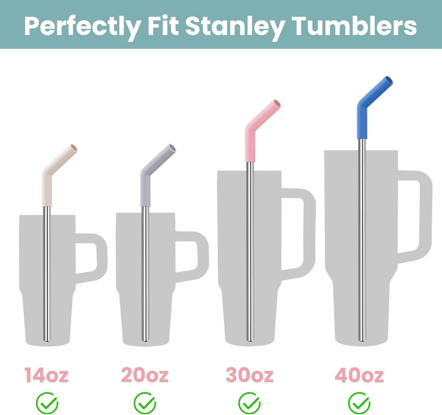 Tomorotec 6-Pack Stainless Steel Reusable Straw with Silicone Tip 3 Sizes, Metal Drinking Straws Fit for Stanley Quencher Tumblers 40oz, 30oz, 20oz, 14oz, Cleaning Brushes Included (Morandi)