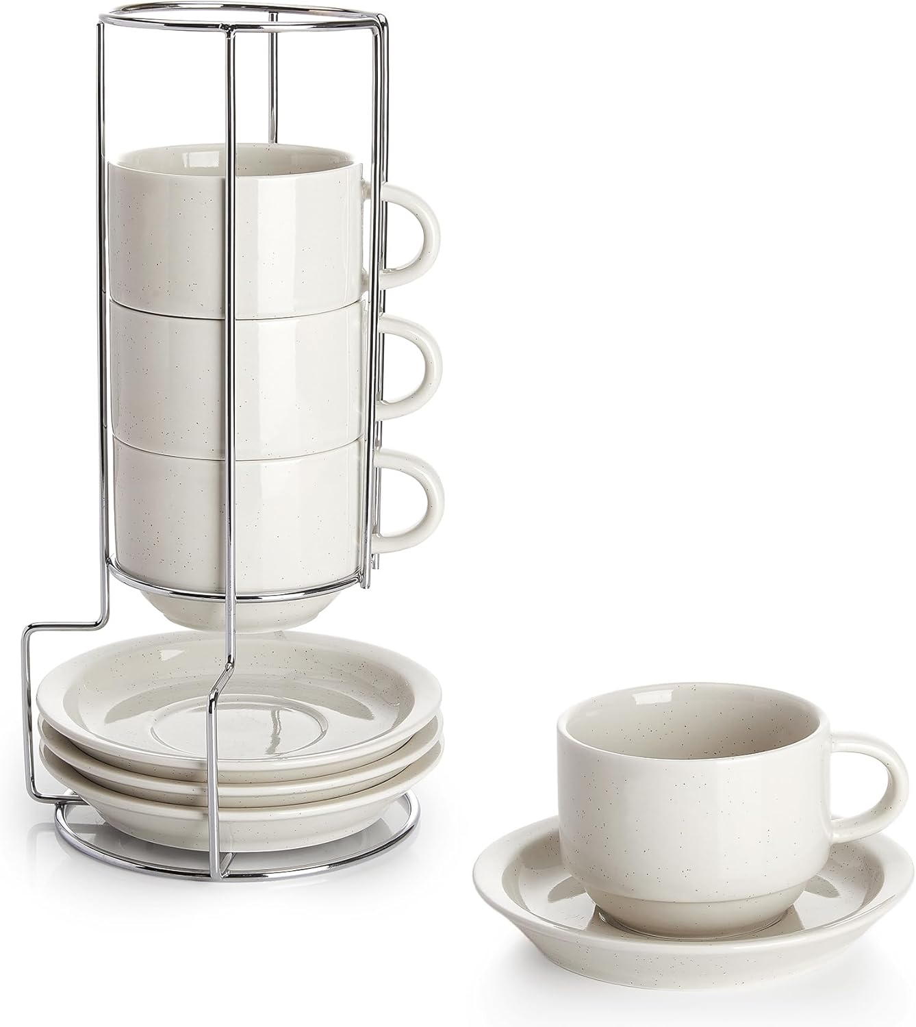 Sweese Porcelain Cappuccino Cups Set - 8 oz Stackable Coffee Mugs with Saucers, Metal Stand, Dove Grey, Set of 4