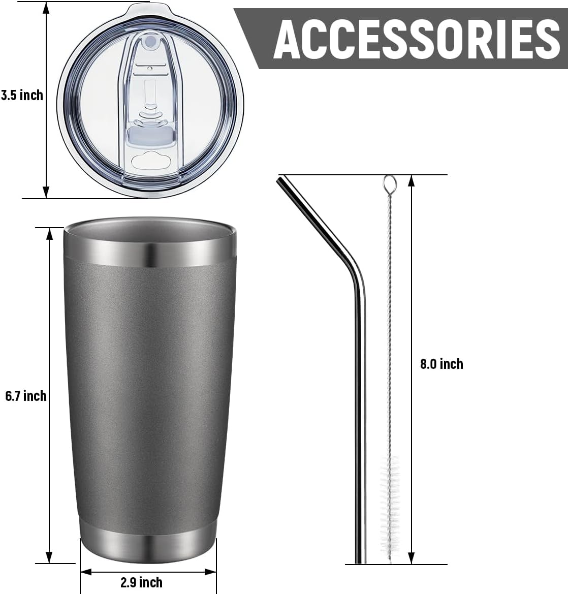 COMOOO 20oz/8Pack Tumbler Double Wall Vacuum Insulated Coffee Travel Mug Stainless Steel Tumbler with Lid and Straw Coffee Cup for Cold & Hot Drinks, Home and Outdoor (Cold Grey, 8 Pack)