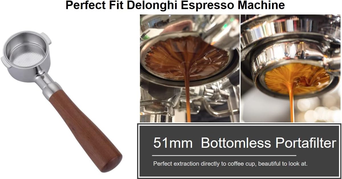 51mm Bottomless Portafilter Compatible with DeLonghi Espresso Machine ECP3420/ECP3630/ECP3120/EC260BK/EC265/EC155/EC702/BCO430 Stainless Steel Portafilter 2 Ear Filter Basket-Wooden