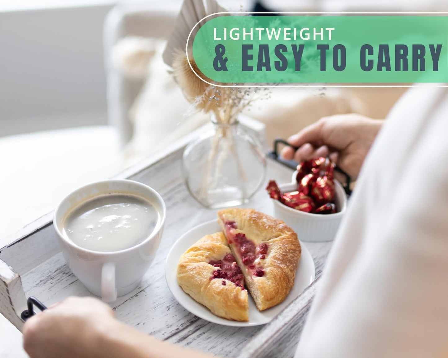 Rustic Wooden Serving Trays with Handle - Set of 2 - Large and Small Nesting Multipurpose Trays - for Breakfast, Coffee Table/Butler & More - Rustic White