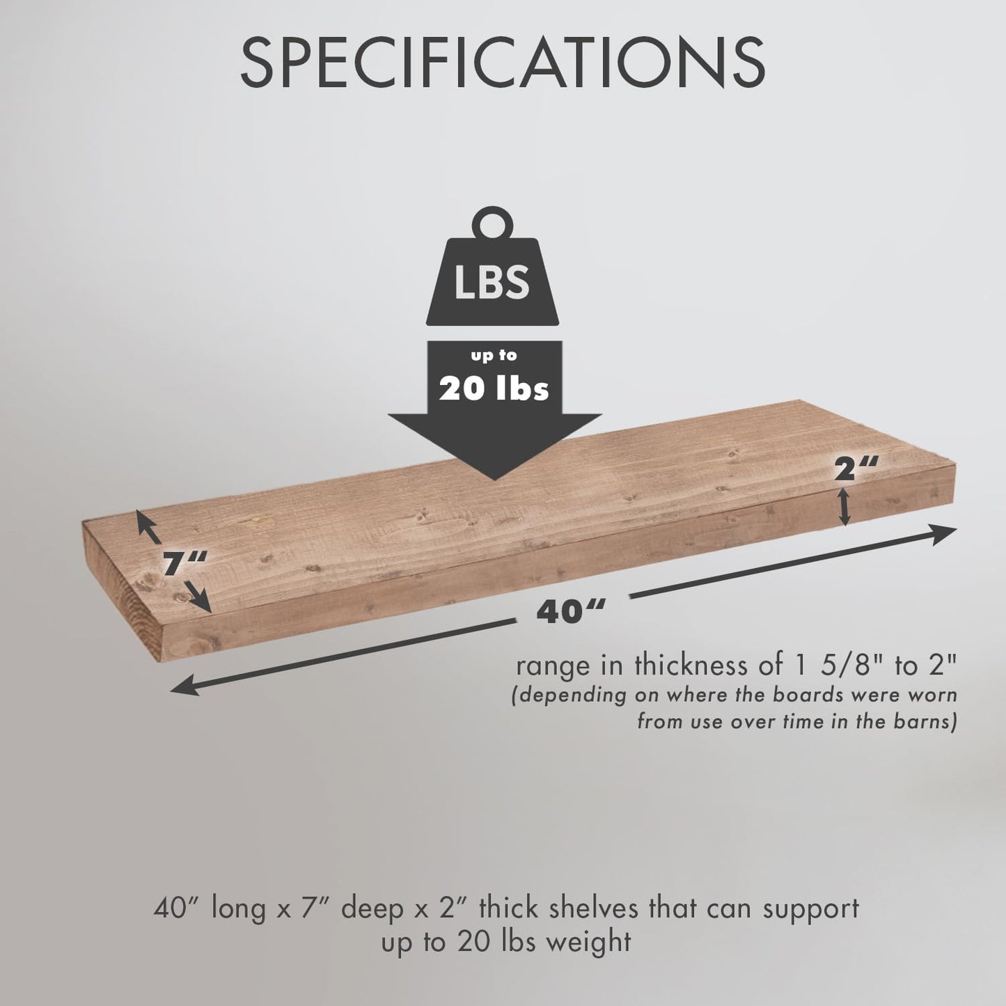 Urban Legacy Reclaimed Barnwood Planks | Floating Shelves for Wall w/Flush Mount Shelf Bracket Set Included | Set of 2 (Natural, 40"x7"x 2")