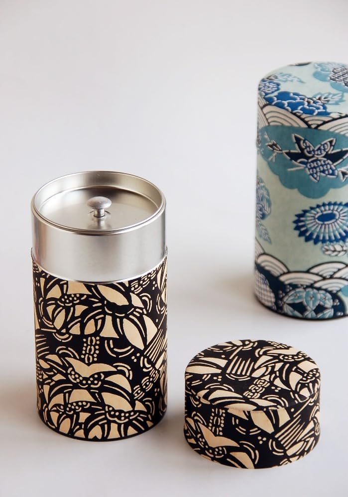 Japanese Pokkan Coffee Spice Tea Tin Canister Washi Paper Storage with Lid 7.05 oz Capacity (Han)