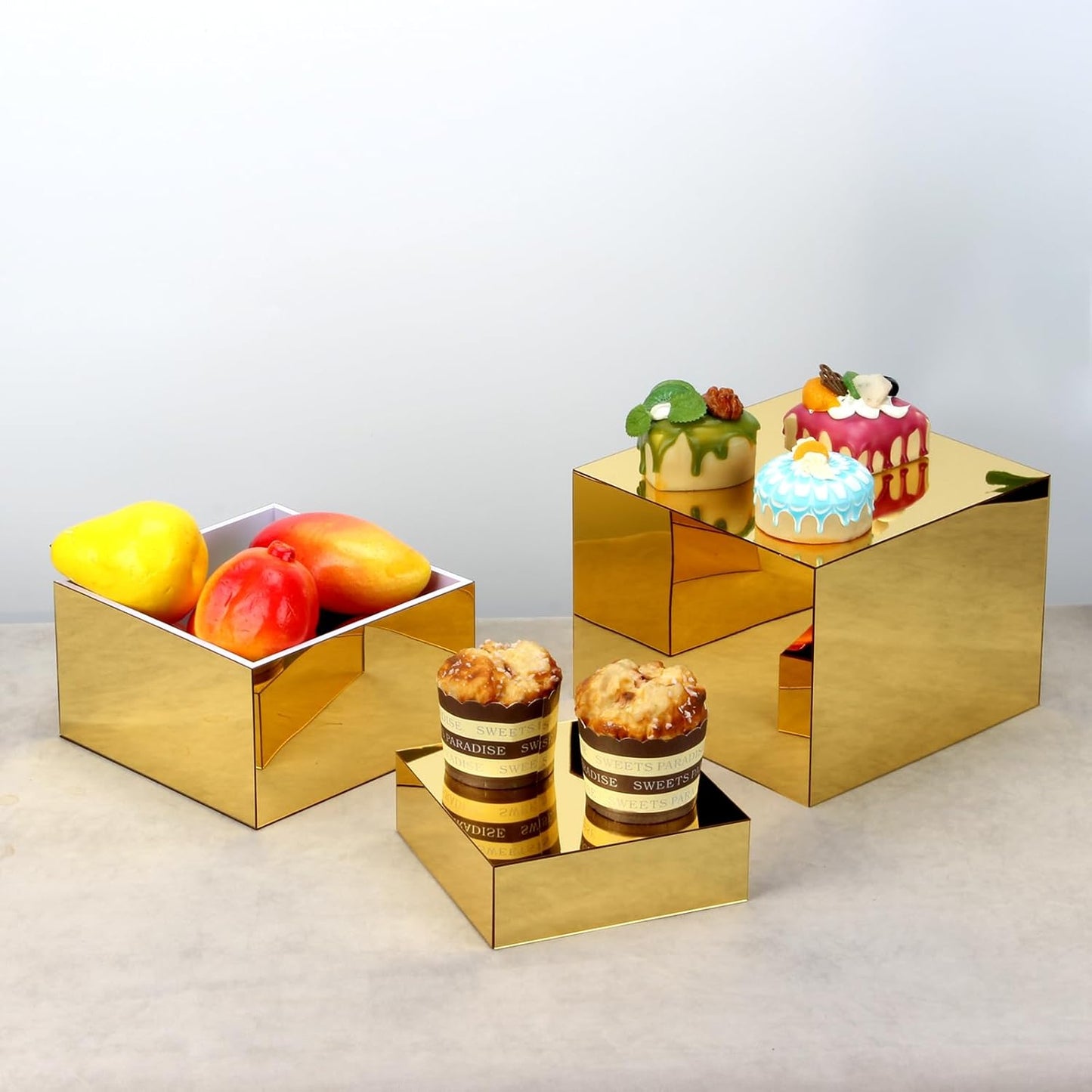 3-Piece Nesting Risers - Mirror Gold Acrylic Display Stands for Catering, Dessert, Jewelry & Party
