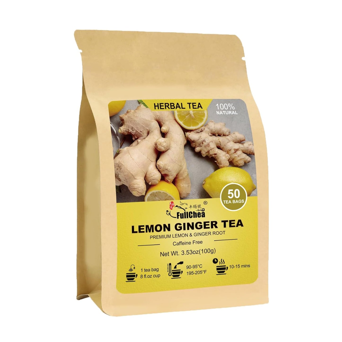 FullChea - Lemon Ginger Tea Bags, 50 Teabags - Pleasantly Spicy & Warming - Non-GMO - Caffeine-free - Support Healthy Digestion & Boost Immunity