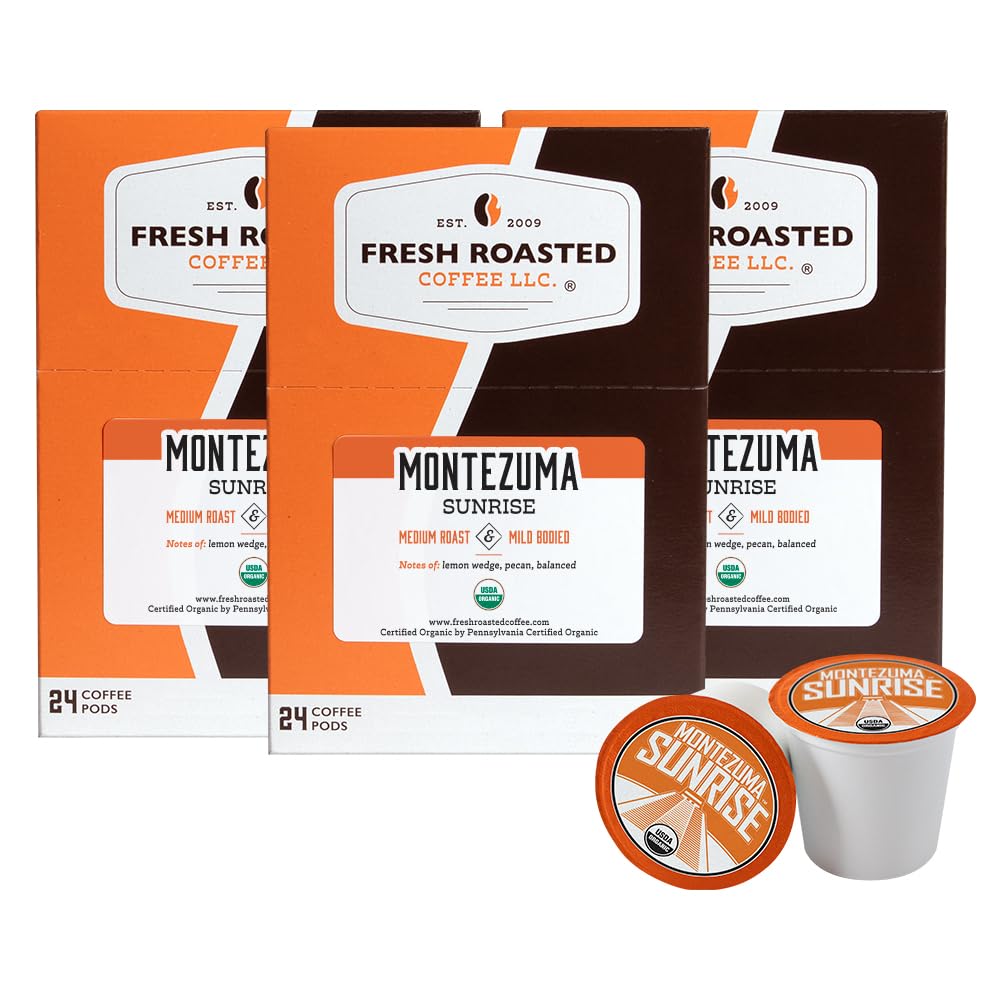 Fresh Roasted Coffee, Organic Montezuma Sunrise | USDA Organic, Kosher | Medium Roast 72 Pods for K Cup Brewers