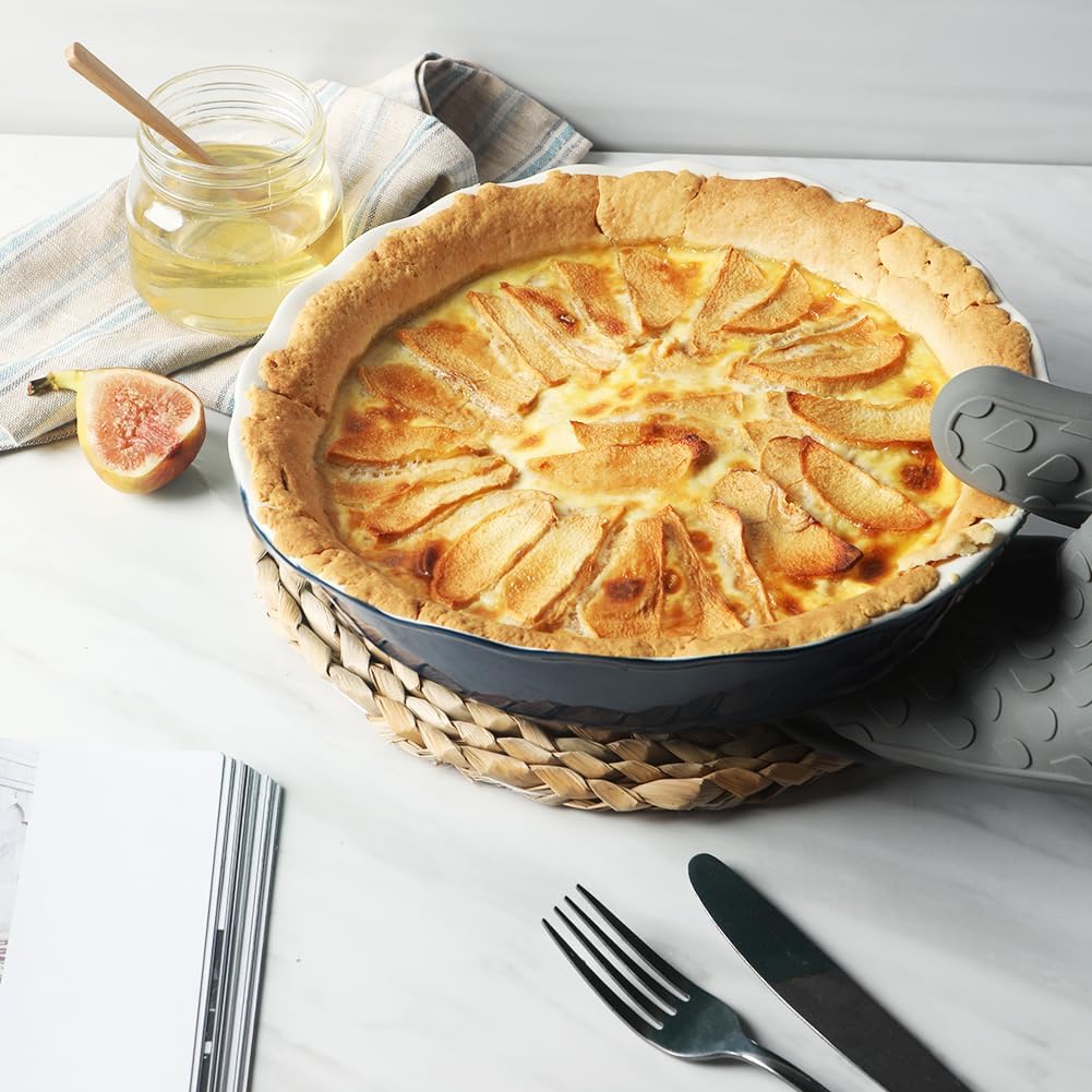 Sweejar Ceramic Pie Pan, 10 Inches Round Baking Dish for Dinner, Non-Stick Plate With Soft Wave Edge for Apple, Pumpkin, Pot Pies (Navy)