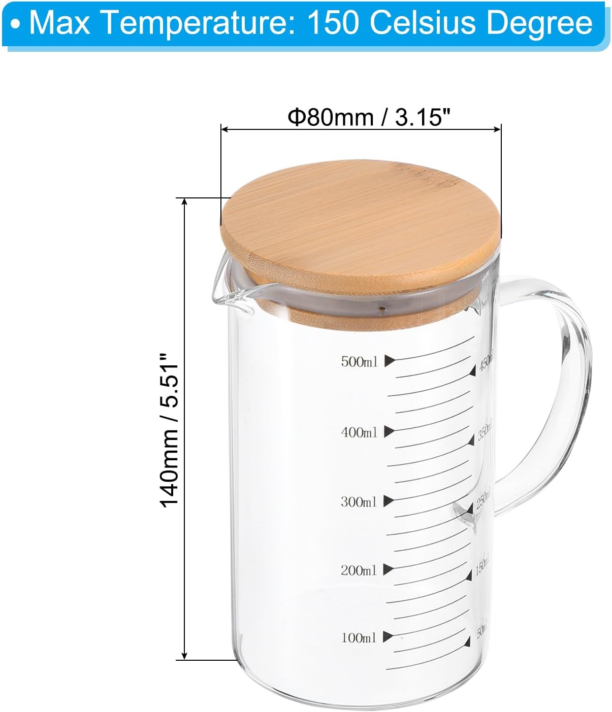 PATIKIL 500ml Glass Measuring Cup, 3.3 Borosilicate Glass Graduated Black Printed Scale Liquid Measure Cups Beaker with Wood Lid and V-Shaped Spout for Kitchen